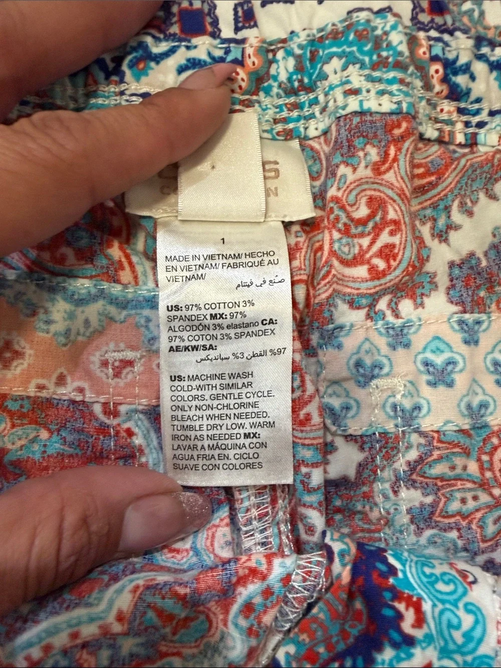 Chico's Coral & Teal Patchwork Print Bermuda Shorts